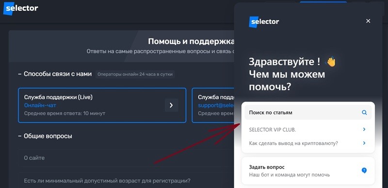 Онлайн чат в Selector Casino